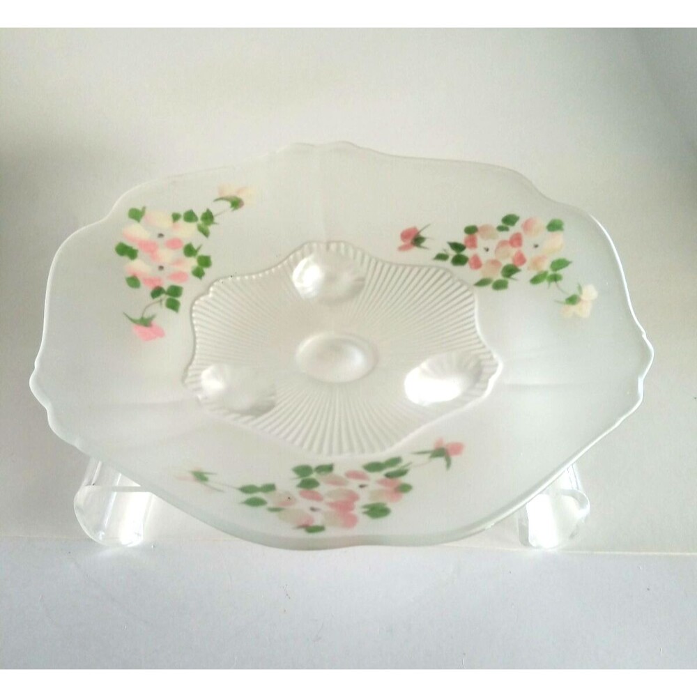 Antique Lancaster Clear Satin Depression Glass Footed Bowl Hand Painted Flowers